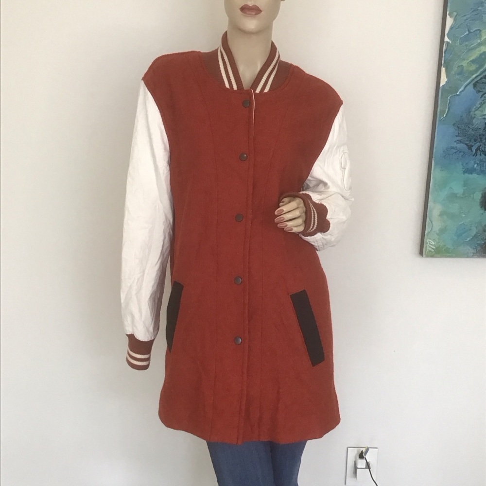 We The Free People Rust Orange Wool White Faux Leather Varsity Jacket M Preppy - Picture 2 of 7